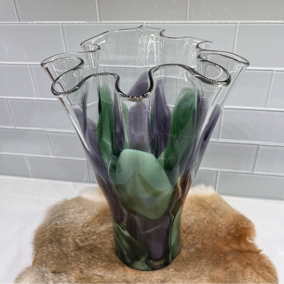 Hand Blown Art Glass Ruffled Swung Vase Abstract Green & Purple Fusion - Picture 2 of 16